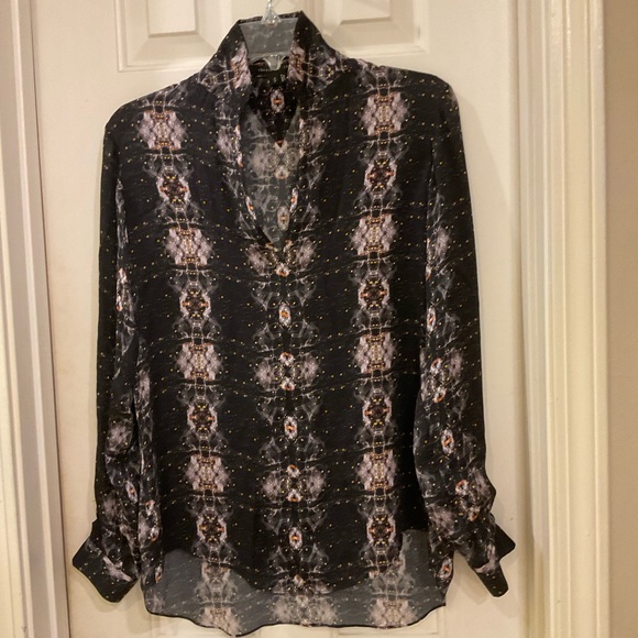 Theyshen’s Theory Beasy Printed Long Sleeve Silk Tunic Blouse, Split Neck, Sz S - Picture 5 of 12